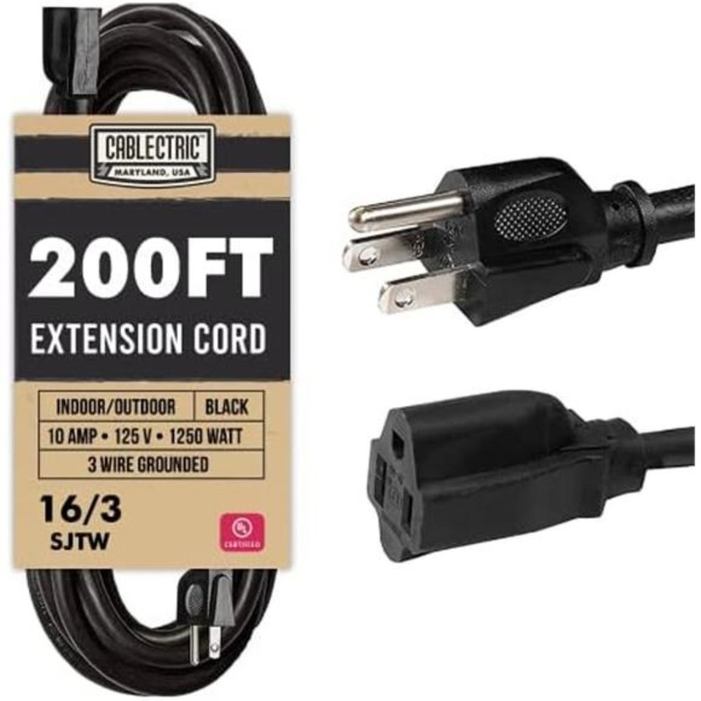 Weatherproof Black Extension Cord 200 Ft, Outdoor & Indoor 3 Prong,